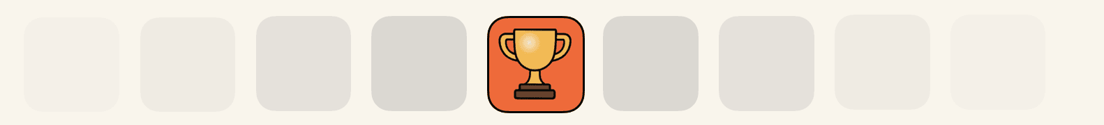 Row of app trophies — most are greyed out, only one is golden